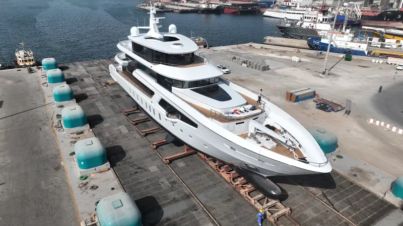 Al Hanem 2 on her launch cradle at Romeo Marine's Dubai Maritime City yard.