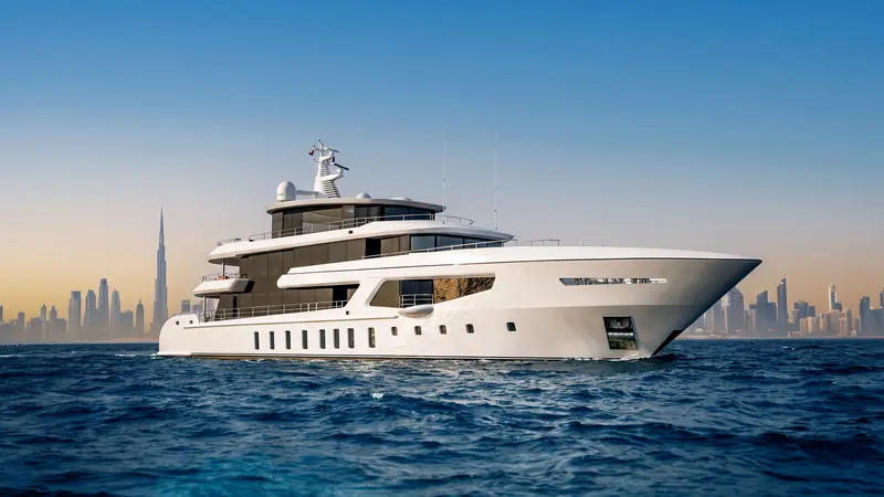 Al Hanem 2 off Dubai, with the city skyline behind her.