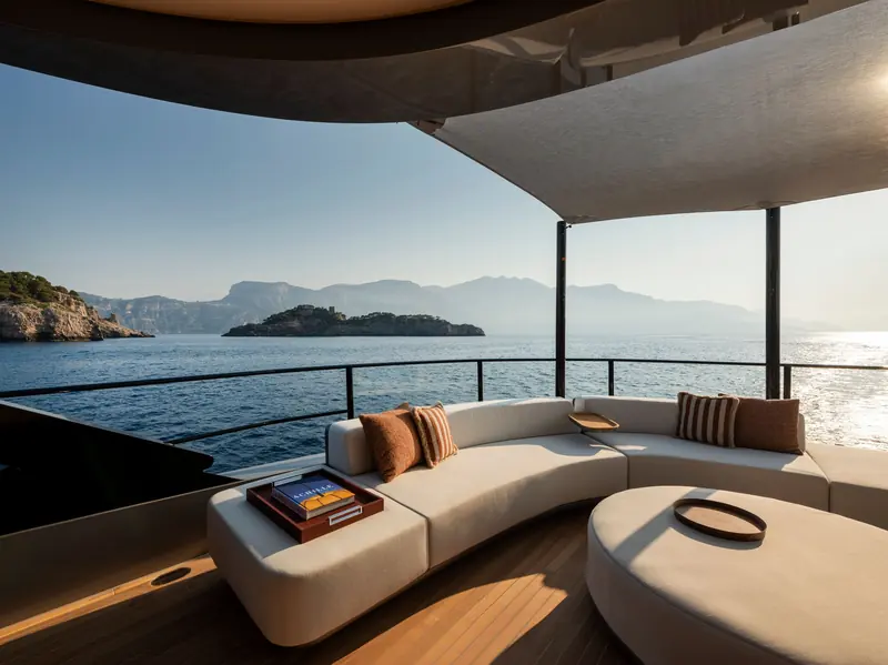 A curved sofa and ottoman on a shaded deck lounge, with a rocky island and mountains beyond.