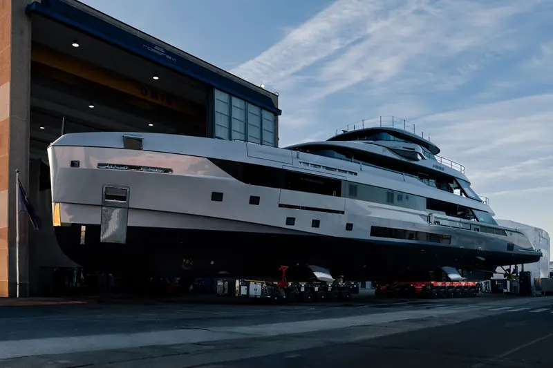 Heed on her transporter at the Pisa yard around her January 2026 launch.