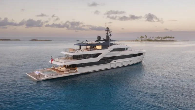 Contigo at anchor off a Bahamian cay. The 50-metre Sanlorenzo 50Steel now charters through Cecil Wright as the first fuel-cell yacht on the open market.