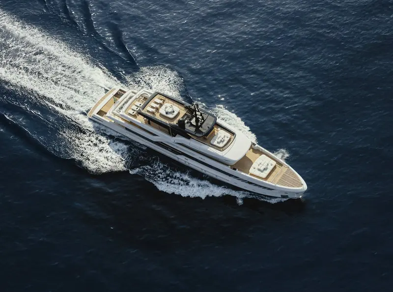 The aerial view shows the low, layered profile Zuccon drew for the 50Steel line, with the fuel cell's exhaust and intake worked into the funnel rather than bolted on.
