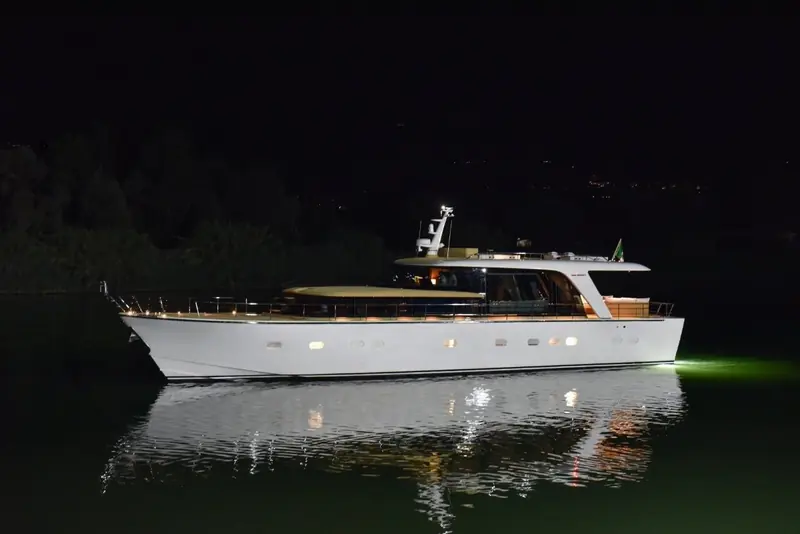 Seen from forward of the bow, deck furniture already fitted for the trip to Cannes. Sanlorenzo has disclosed no speed or range figures for the passage.