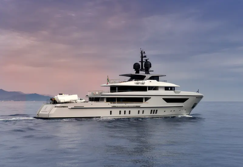 A Sanlorenzo 460EXP, a much larger explorer from the same yard, underway off the Cote d'Azur - the volume-built end of a range SHE now extends downward into 1960s-styled semi-custom territory.