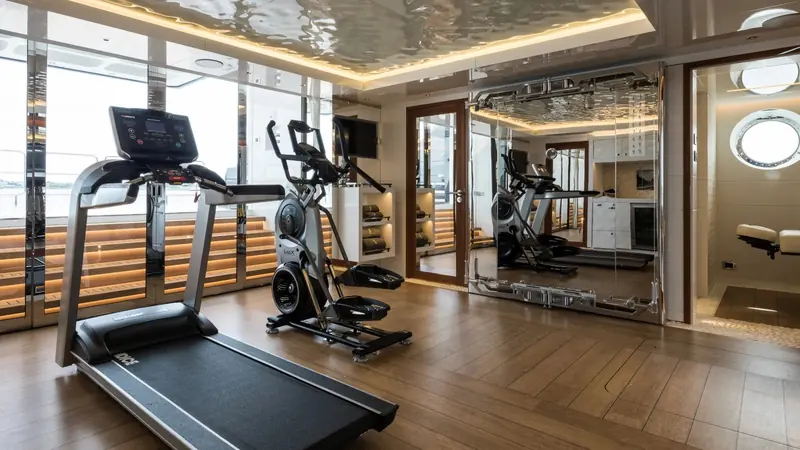 The gym, one deck below the owner's suite, fitted out for the seven months a year Berwind and Clark spend aboard.
