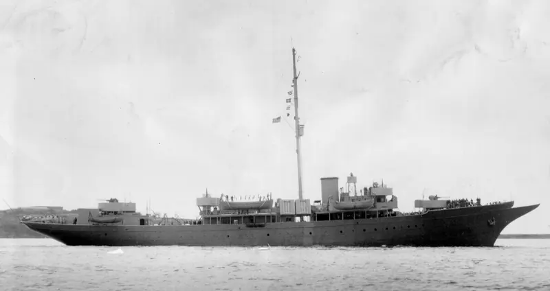 The Coast Guard's Sea Cloud at anchor. Commanded from December 1943 by Lieutenant Commander Carlton Skinner, later Guam's first civilian governor, she ran the US military's first deliberately integrated crew.