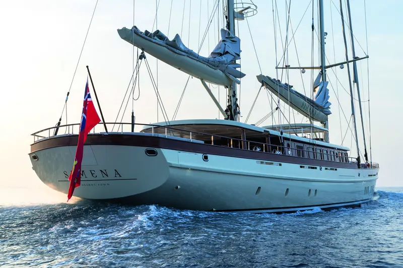 Simena underway with the Red Ensign at George Town, Cayman Islands, her port of registry. She is a 62-metre ketch, hull one for Ares Yachts, and has now logged roughly 3,250nm in her first Mediterranean season.