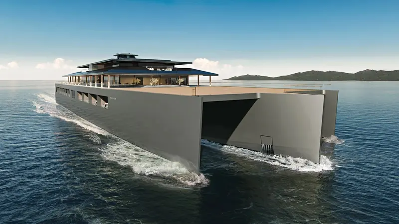 Fusion underway, showing the full-length centre hull flanked by two 110-metre side hulls, the layout Sinot built its 118-metre trimaran concept around.
