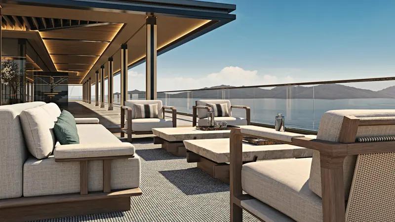 The upper-deck terrace, part of 3,340 square metres of exterior deck space Sinot says the trimaran hull form makes possible.