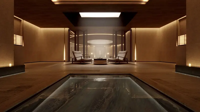 The wellness sanctuary's plunge pool, part of a spa deck that also holds a hammam, sauna and a Foucault pendulum, one half of the culture-and-wellbeing brief Sinot set for the design.
