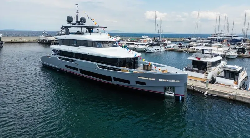 The Sirena 118 dressed for her launch ceremony at Yalova, Turkey, 14 July 2026 - two months before her Cannes debut.