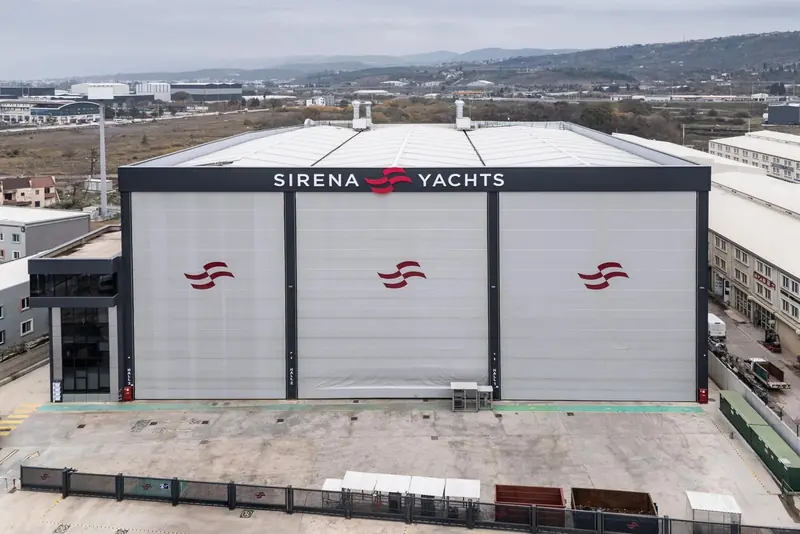 Sirena Yachts' build halls, photographed from the air - the flagship left this inland complex for outfitting and launch, not a coastal yard.