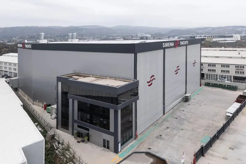 A wider aerial of the same facility, showing the scale of the halls Sirena has built out as it moves into 40-metre-plus yachts.