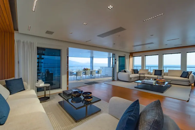 The main saloon, finished by Pulina Exclusive Interiors around Espen Oeino's exterior design.