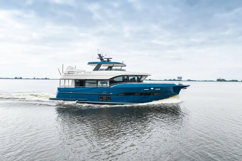 Nikitoo under way during July 2026 sea trials, steel hull and aluminium superstructure, built for a 4,000-nautical-mile range rather than outright speed.