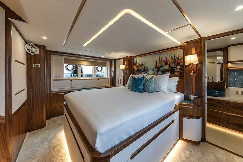 The master cabin, one of three guest cabins aboard a 21-metre hull built for an owner-operated passagemaking programme, not a full charter roster.