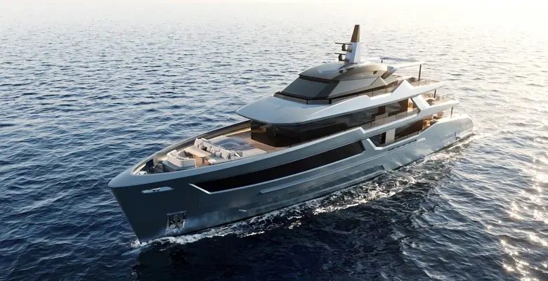 Studio Segno's rendering of Maai under way, with the raked bow and layered decks of the 46.7m concept.