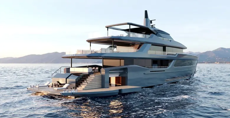 From astern, the stepped transom with its fold-down balconies and the dining room opening to the water.