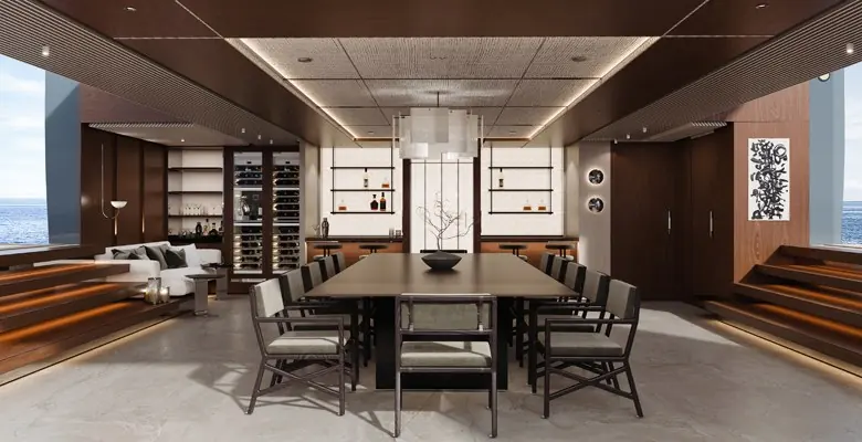 The lower dining room, laid for a large table with a bar and wine storage behind it.