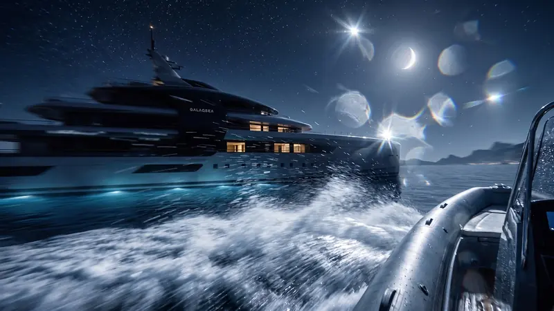 A Sturge & Toth render of Project Galaqsea underway at night, the 95-metre concept named on the hull.