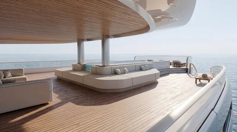 The sundeck design carries a covered lounge and a glass-edged plunge pool beneath a curved teak canopy.
