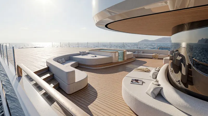 The concept's beach club and social decks are designed as a transformative zone at the water's edge.