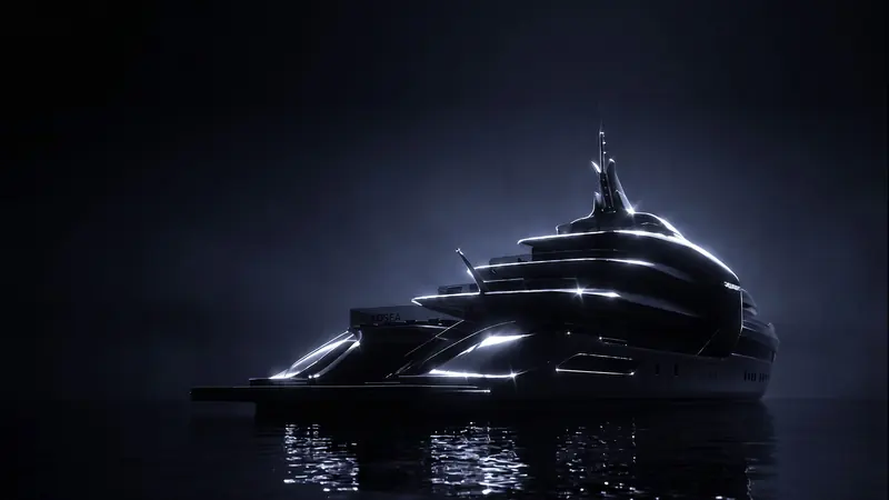 The bow quarter, rendered before full details were released, shows the raked mast and forward decks.