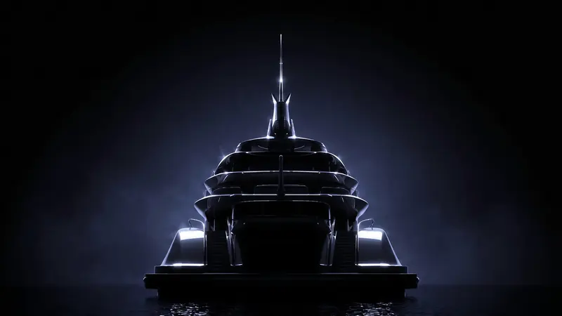 The mast at the bow is the highest structural point from which the concept's vertical light beam system would project.