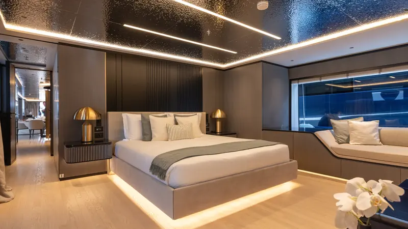 One of six guest cabins. Loewe carries one more cabin than the first T55 Sportiva hull, Rose.