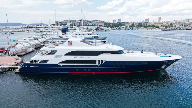 Mirabella alongside at Reviva Refit's Tuzla facility, redelivered 15 July 2026 after an 8.5-month refit that ran three months past the yard's own target.