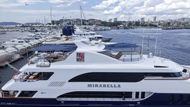 The Mirabella name and the Trinity builder's plate on the hull. Trinity Yachts has not launched a new yacht since 2016, leaving owners of its back catalogue without a builder to return to.
