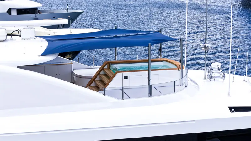 The bespoke Jacuzzi built into the redesigned sundeck, replacing the original as part of the refit's deck-level work.