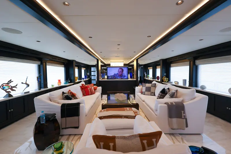 The main saloon after new upholstery and refinished joinery. None of the yacht's five-stateroom, 11-guest layout changed in the rebuild.