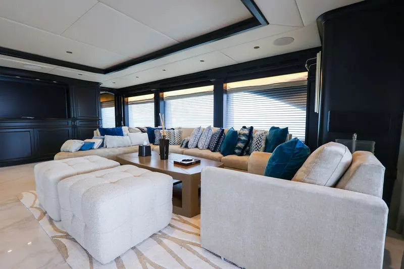 A media lounge with new sectional seating, one of the interior spaces refreshed during Mirabella's time at the yard.