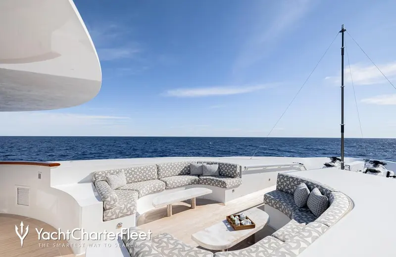 The aft deck lounge, one of several outdoor seating areas spread across her four decks.