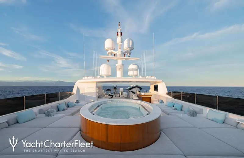 The sundeck jacuzzi, forward of the mast, with a wet bar and gym further aft.