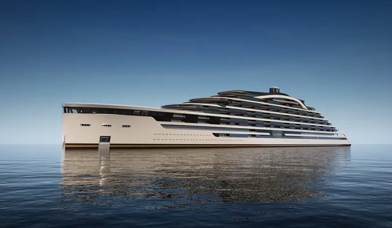A broadside render of the 323-metre hull. At this length Ulyssia would rank among the largest privately owned vessels ever conceived.