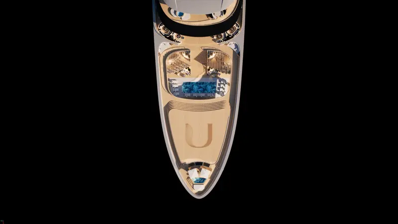 An overhead deck-plan render showing the pool deck laid out around Ulyssia's 122 private residences and 22 guest suites.