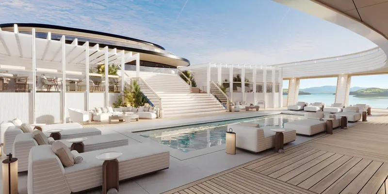 A rendering of one of Ulyssia's outdoor lounge and pool areas, part of the amenity package built around the project's residents.