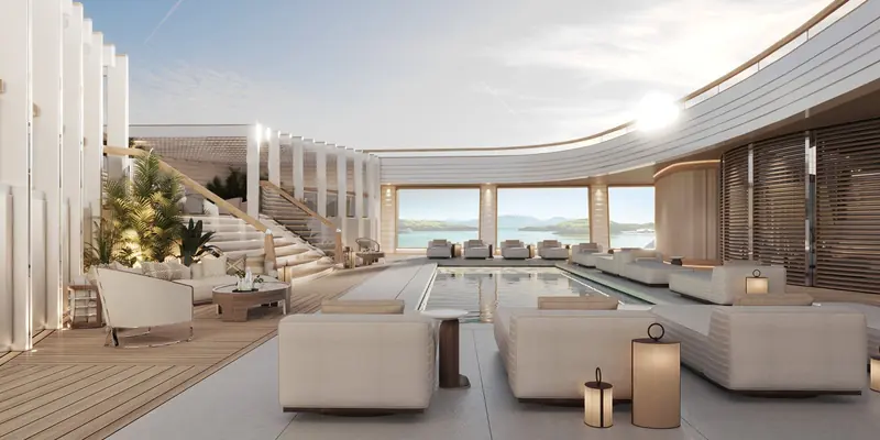 Interior rendering of one of Ulyssia's communal lounge spaces, designed by Milan-based FM Architettura.