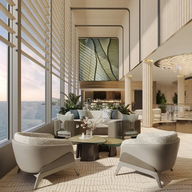 A rendered residence interior aboard Ulyssia, styled by FM Architettura, the same studio behind the interiors of the stalled Njord project.