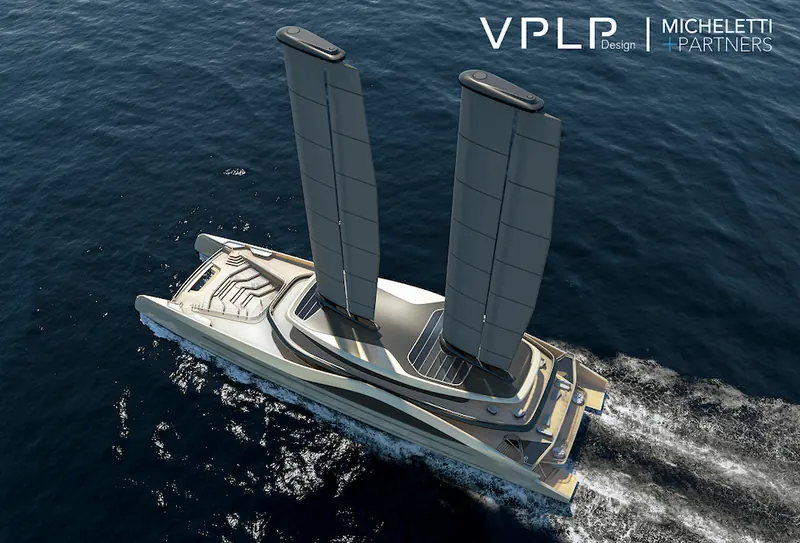 Tyrena underway in the concept render, both automated OceanWings deployed and trimmed to the breeze.