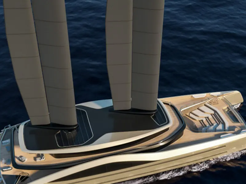 A closer view of the twin wing bases and foredeck, showing the width VPLP and Micheletti built the interior around.