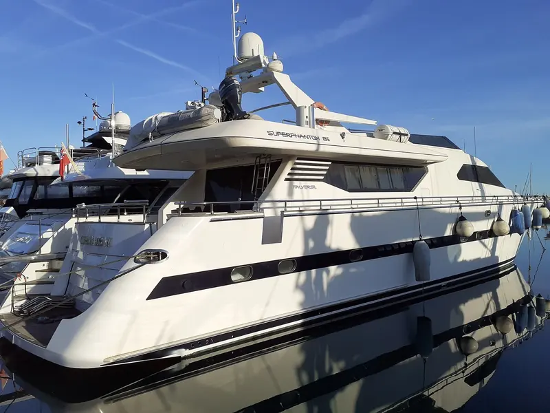 A motor yacht at her berth in Antibes. A boat like this typically sits under one broker's exclusive central agency mandate for six months to a year at a time.