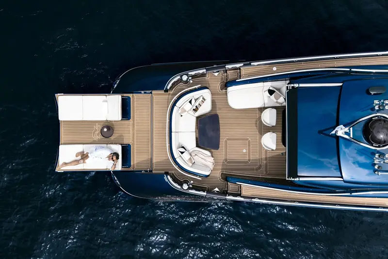 Seen from above, almost the whole of a 14.7 metre boat is given over to open deck, which is the argument for buying one and the reason it sleeps only four.