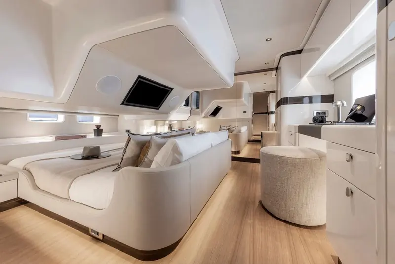 The full beam master amidships, where the hull is widest. It is a proper cabin, but the deckhead height varies noticeably as you move through it.