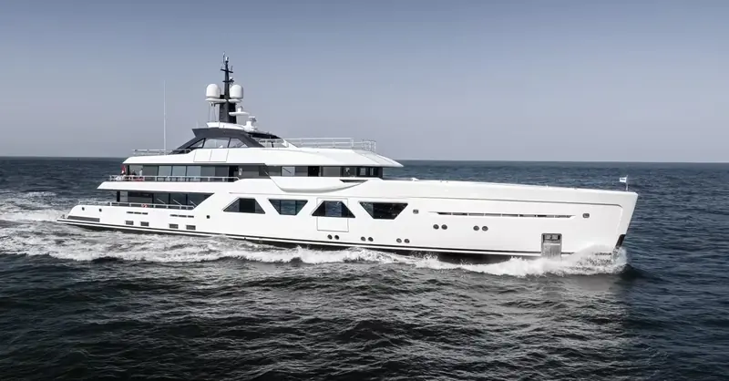 Amels 60 Khalidah, the third hull built, running under a clear sky ahead of her handover.