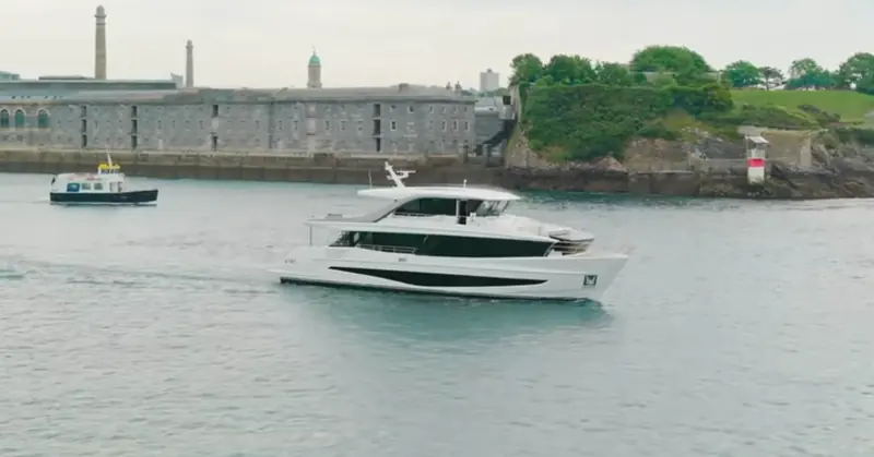The first Princess X90 hull heads out past Plymouth's Royal William Yard for its initial sea trials in June 2026, the only physical hull built so far.