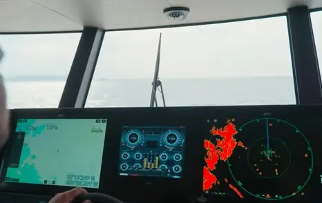 Navigation and engine-monitoring displays at the X90's helm during sea trials.
