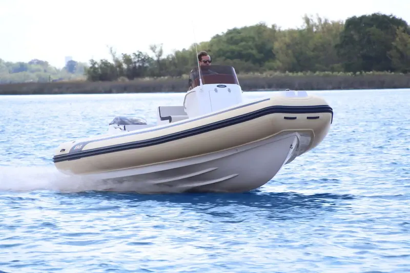 An Oceanus tender cruising a tree-lined river channel, the helmsman standing at the console.